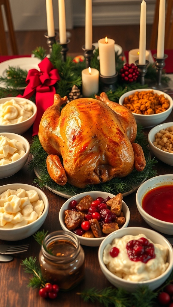 Traditional Christmas Dinner Recipe Traditional Christmas dinner with roasted turkey, mashed potatoes, stuffing, and cranberry sauce on a decorated table.
